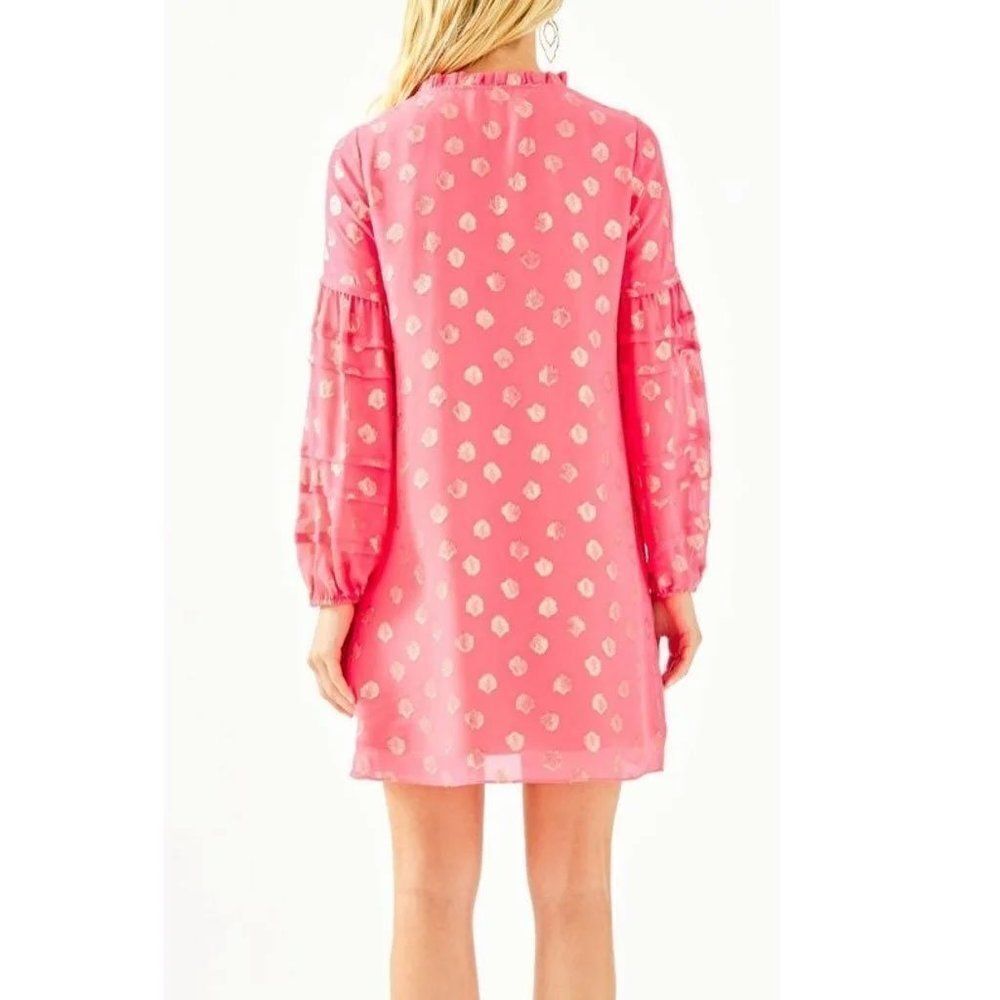 Lilly Pulitzer Giana Silk Dress In Coral Spritz Seagrass Metallic Clip Chiffon 0 - Picture 3 of 4